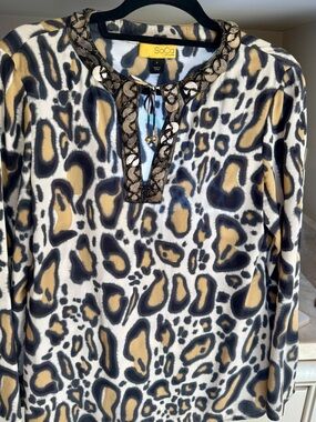 St. John SoCa Leopard Print Beaded Tunic - Black, Gold, Cream